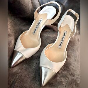 manolo blahnik white silver cap toe sling backs 37.5 hand made Italy